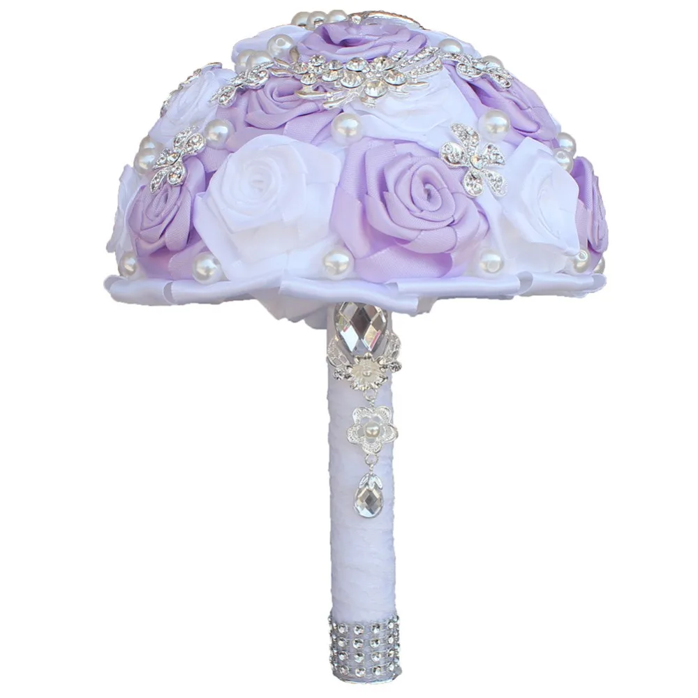 JaneVini роскошный фиолетовый розовый свадебный букет для невесты с кристаллами, атласное жемчужное искусственный цветок для свадьбы свадебный букет с брошью бисером