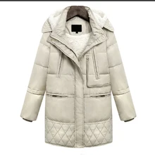 Новинка года зимняя стеганая утка Пух шерсти ягнят куртка толстый теплый с капюшоном длинные пальто Мужские парки для женщин; Большие размеры daunenmantel DJ26