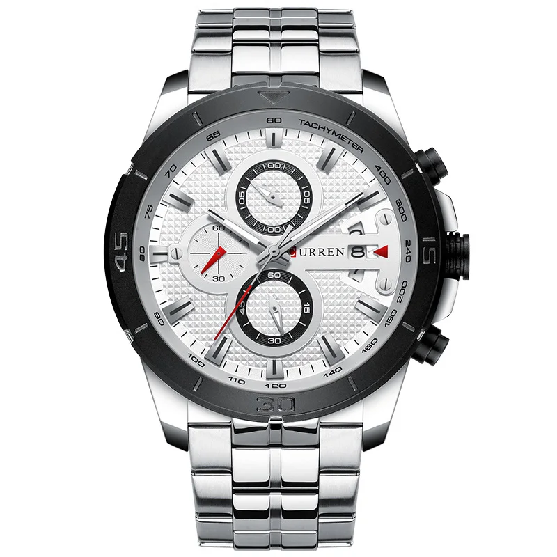 Silver White Мужские часы Curren Топ люксовый бренд из нержавеющей стали деловые часы хронограф армейские Спортивные кварцевые наручные часы Relogio Masculino - Цвет: Silver White