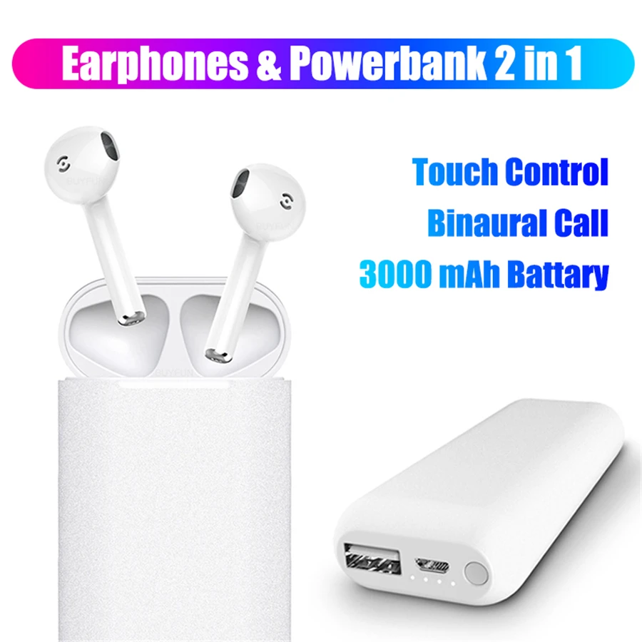 

Bluetooth v5.0 wireless earphones tws mini touch control earbuds 3000mAh charging case 2 in 1 powerbank portable polymer battery