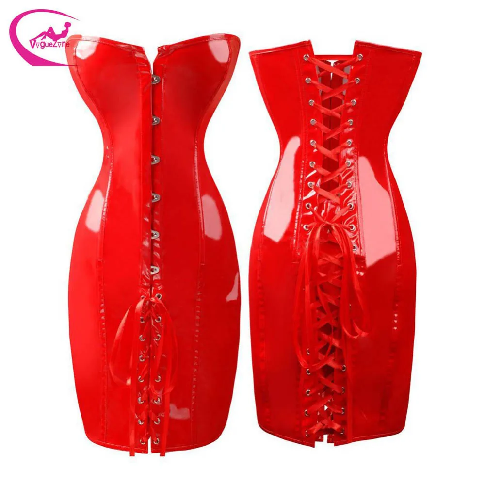 Waist Training Corsets Black Red Leather Corset Long Corset Dress S M L