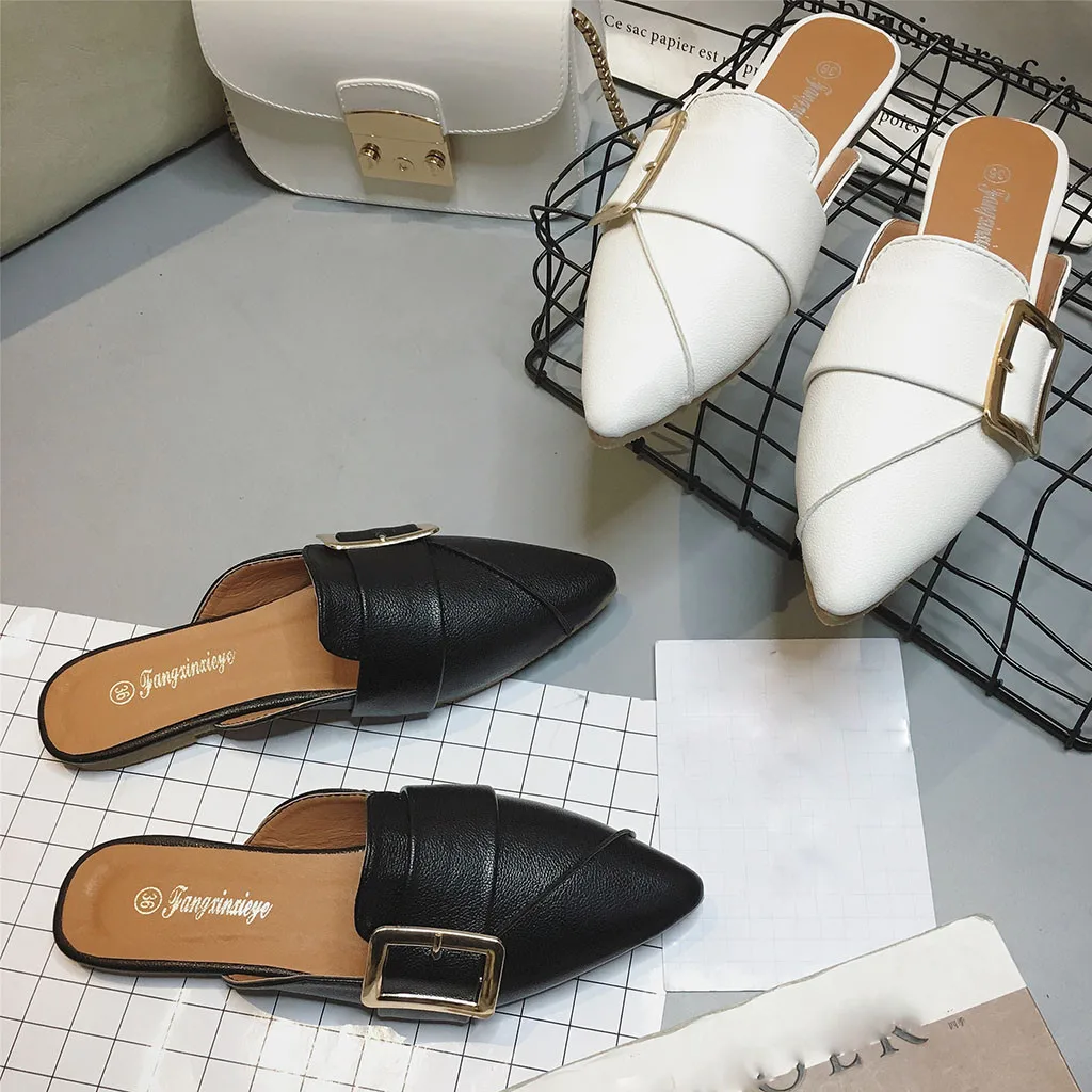 

2019 brand sizes35-39 elegant cover heels buckle pointed toe flats with Summer women's Shoes Sandals leisure slippers lazy