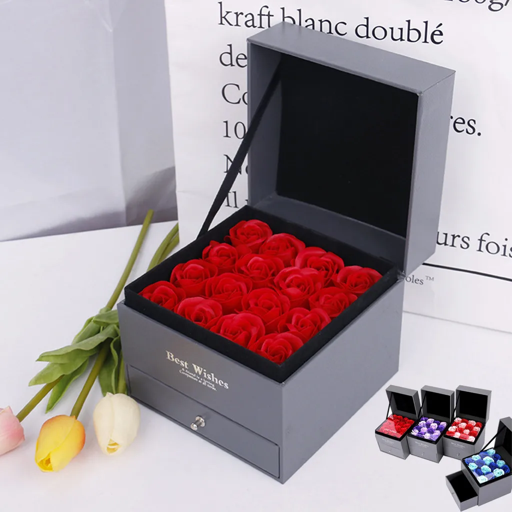 

1PC Beautiful Dual Layer Soap Rose Flower Drawer Wood Box Gifts for Valentines Day Anniversary Mothers Day Womens G708