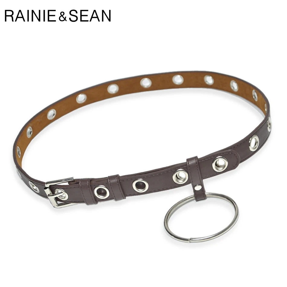 

RAINIE SEAN Female Leather Belt Coffee Pin Buckle Women Belt Rings 9cm Loop Punk Rock Ladies Designer Belts Women High Quality