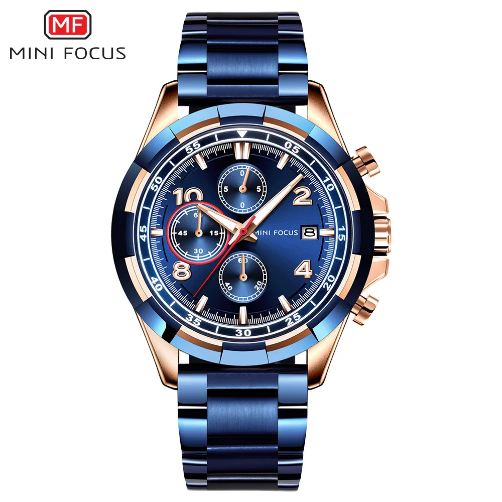 Мини фокус Роскошные Кварцевые часы из нержавеющей стали Хронограф светящийся Водонепроницаемый Бизнес наручные часы мужские Relogios часы 0198G. 02 - Цвет: MF0198G-Blue