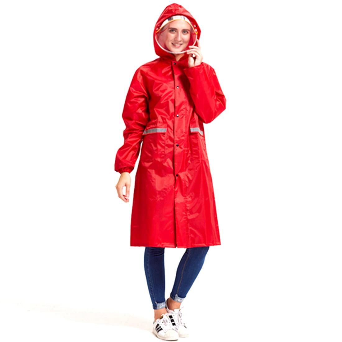 

iTECHOR Fashion Windproof Raincoat Outdoor Breathable Rainwear with Reflective Stripe and a Big Cap Peak - Red XXL
