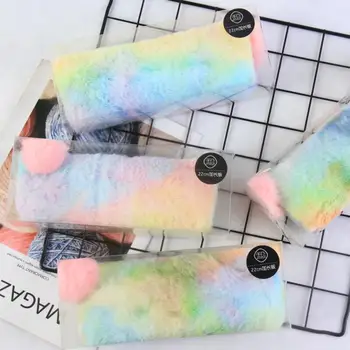 

1pc Rainbow colorful Plush Pencil Case for Girls Cute Large Big Pen Bag Stationery Pouch Box kids gift office school Supplies