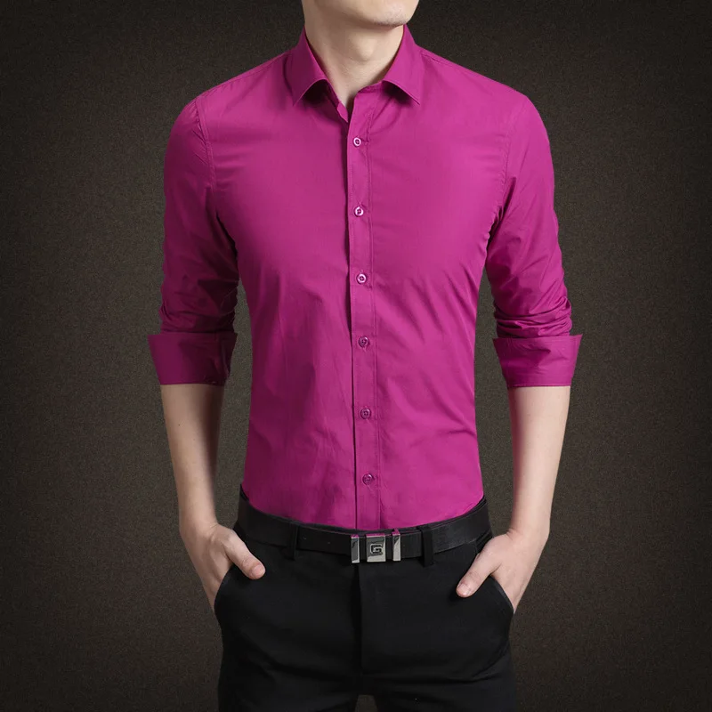 Новая умная Повседневная однотонная мужская рубашка с отложным воротником белая зеленая желтая розовая фиолетовая Мужская рубашка мужские рубашки с длинным рукавом - Цвет: As Picture