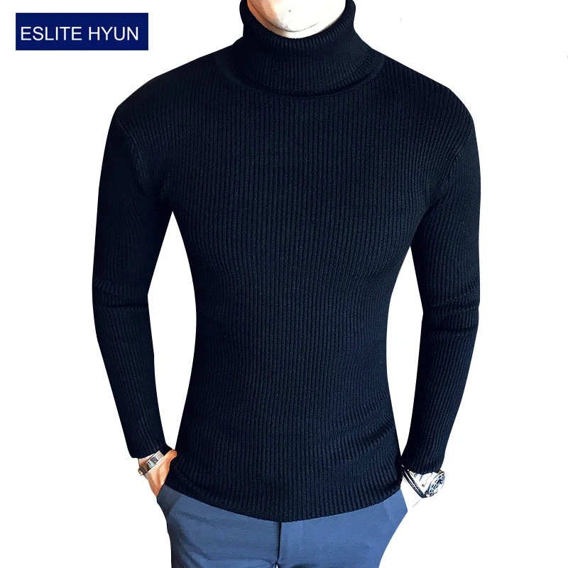 

2018 Solid sweaters men high Turtleneck mens sweaters striped pullover autumn winter knitwear knitted dress male