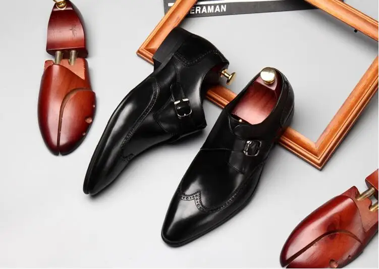 Casual Chaussures Respirant Pointu Glissent Sculpté Véritable Mariage chocolat De Smart Cuir En Hommes D'été Orteils Boucle Richelieu Noir Richelieus Sur qaawSW6B5