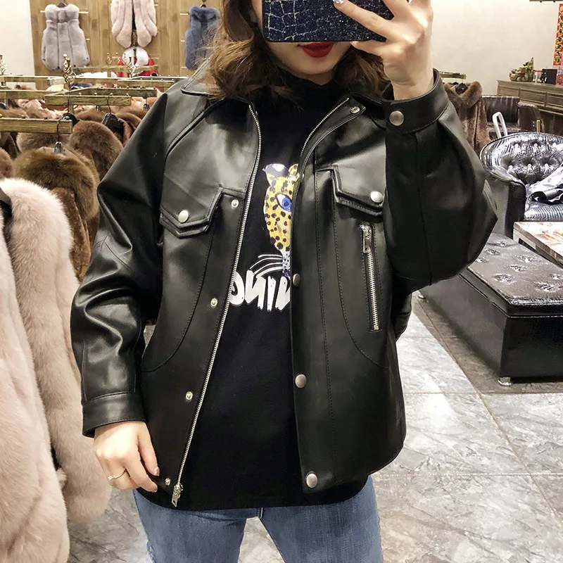 

New 2019 spring autumn loose leather jackts Fashion women's batwing sleeve sheepskin biker jackets A088