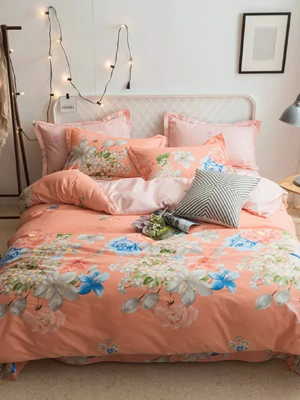 

Orange Duvet Cover Set flower Pattern Abstract Summer Flourish Decorative Bedding Set