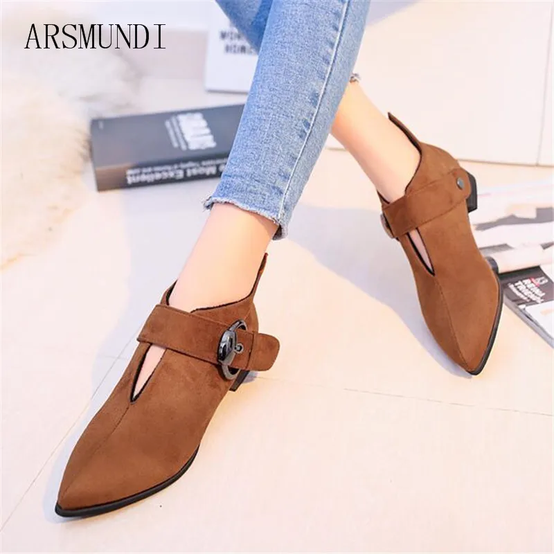 

ARSMUNDI women's boots 2018 Autumn and winter new low Booties buckle flock pointed toe square heel short plush women shoes L477