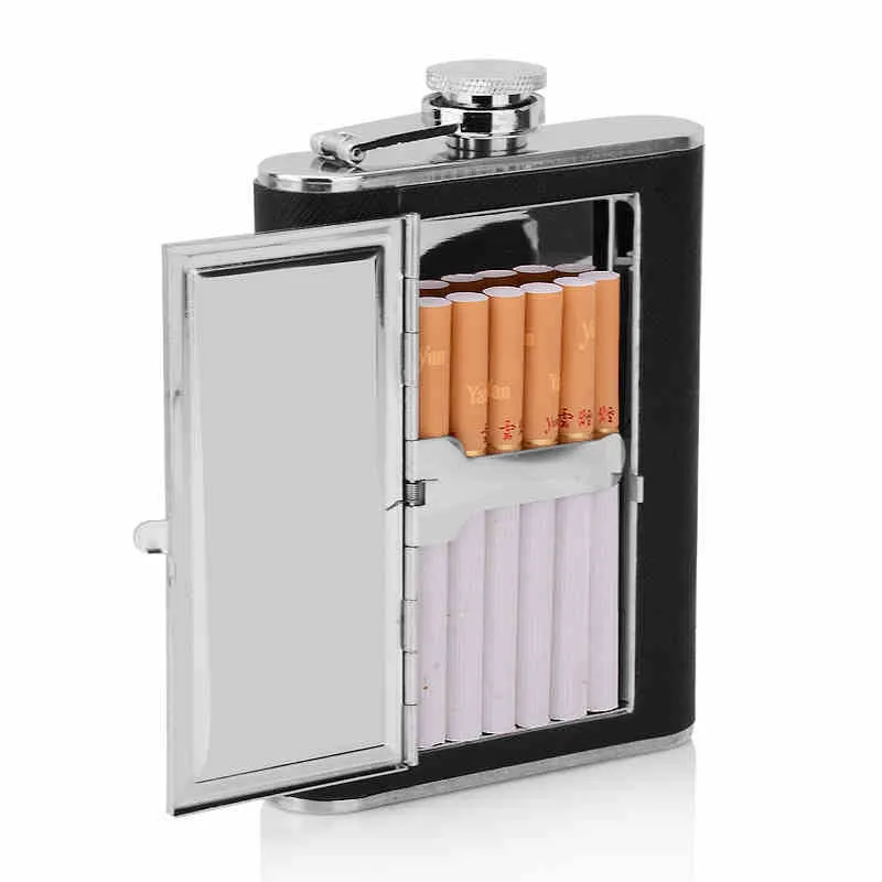 

Creative 6 Ounce 304 stainless steel dual purpose hip flask cigarette case(hold 6 pcs) portable cigarette box bottle wine gift