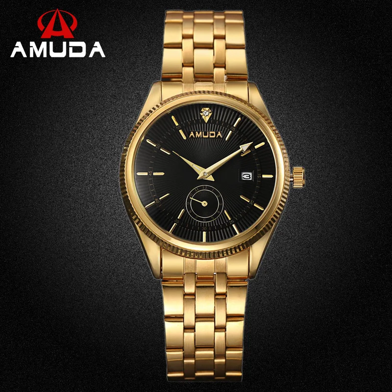 

Male Watch Luxury Famous Brand Men Golden Clock Stainless Steel Business Mens Watches Rhinestone Black Face Quartz Wristwatch