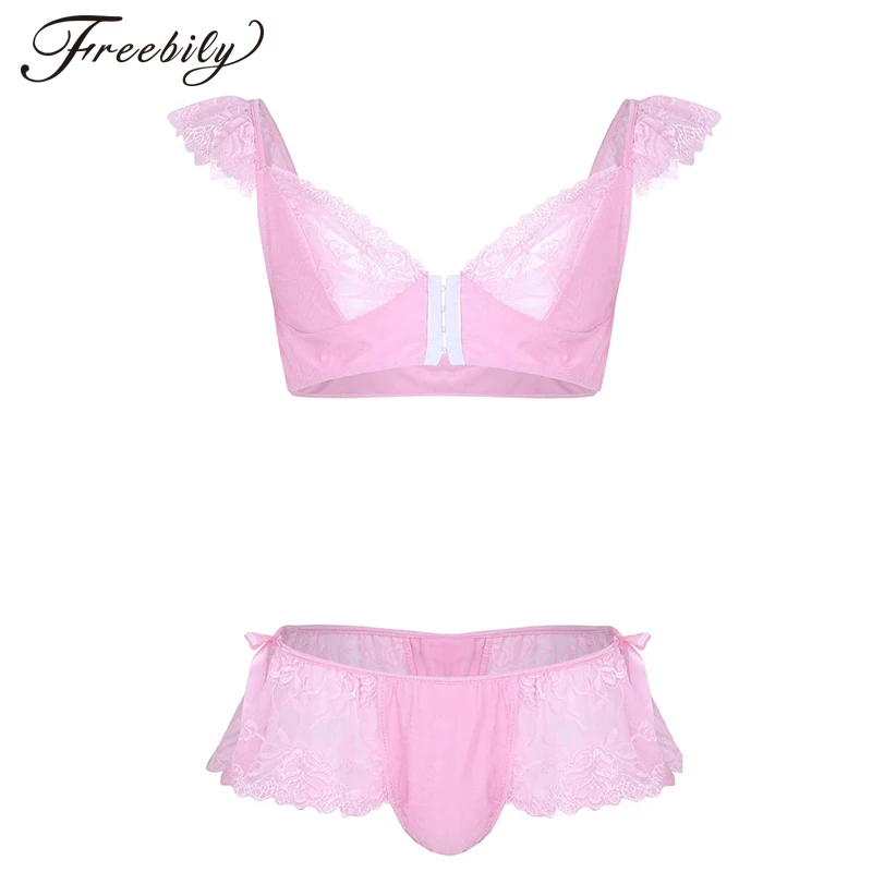 

2PCS Men Lace Bikini Lingerie Set Spaghetti Strap Cap Sleeves Sissy Bra Tops + G-string Thong Briefs Underwear Gay Sexy Panties