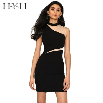 

HYH HAOYIHUI Solid 2 Colors Women Dress High Collar Sleeveless Mesh Up Patchwork Casual Vestidos Elegant Sheer Sexy Mini Dress