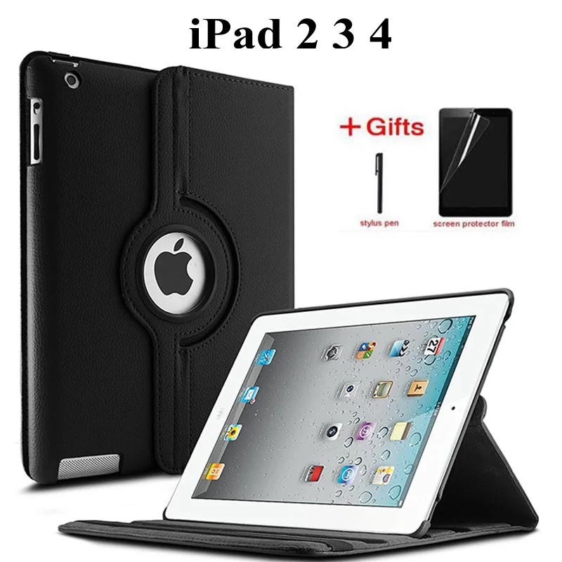 

360 Rotating PU Leather Case For Apple iPad 2 iPad 3 iPad 4 Funda Cover With Smart Stand Holder for iPad 2/3/4 case+film+pen