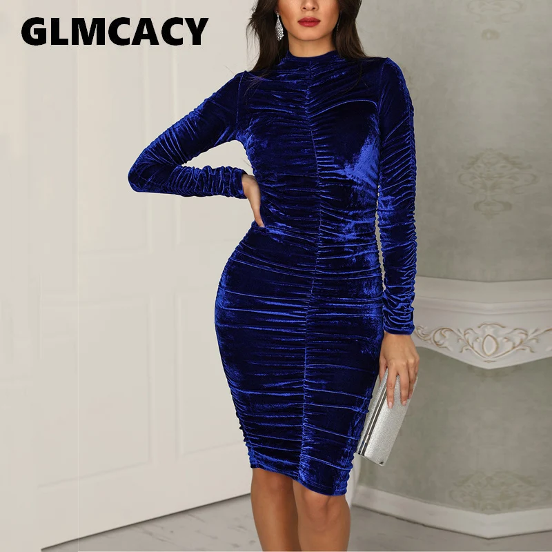 

Women Elegant Velvet Turtleneck Scrunched Bodycon Dress Sparkly Sheath Vintage Night Club Party Cocktail Midi Dress
