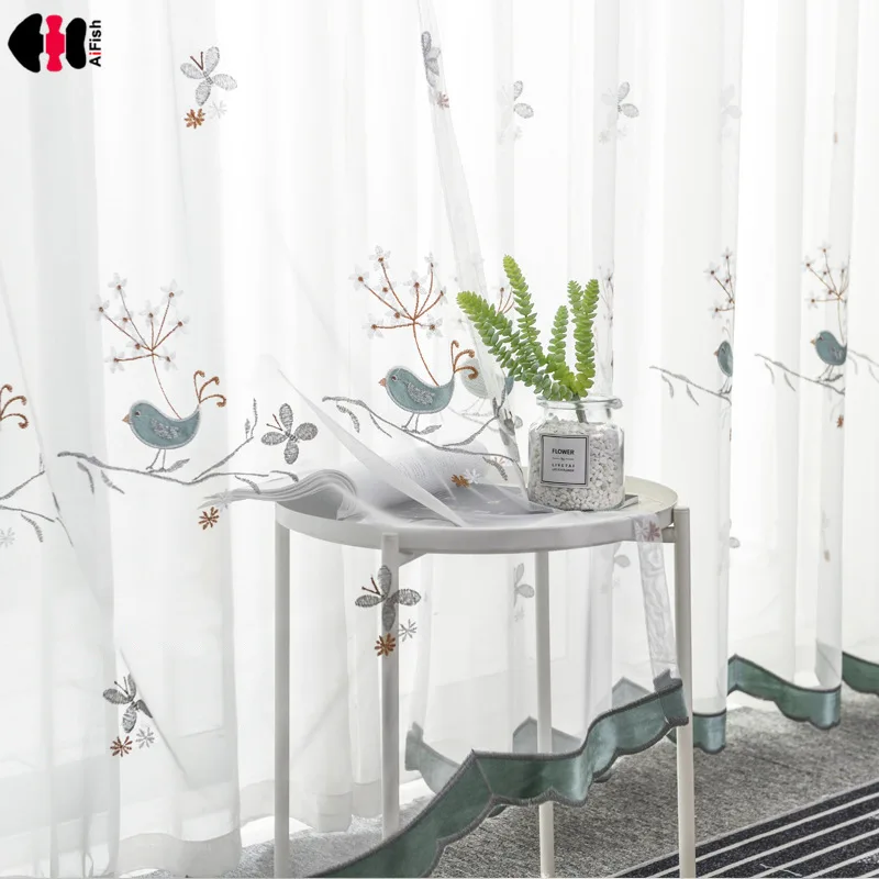 

Embroidered Bird Voile Curtain for Living Room Delicate Countryside Rural Window Treatment Drapes M064C