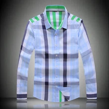 Хорошее качество Для Мужчин's Повседневное рубашки с длинным рукавом Slim Fit хлопок Удобная рубашка Зеленый Полосатый плед футболка 023