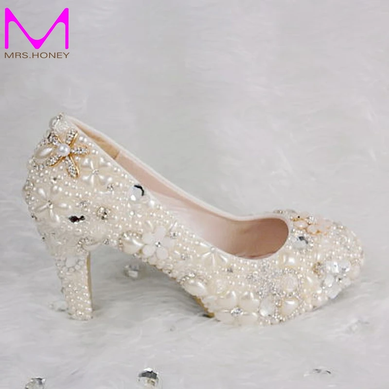 

Bride Round Toe White Pearls with Crystals Wedding Dress Shoes 4 Inches Platform Women Heels Customized Luxury X'mas Party Pumps