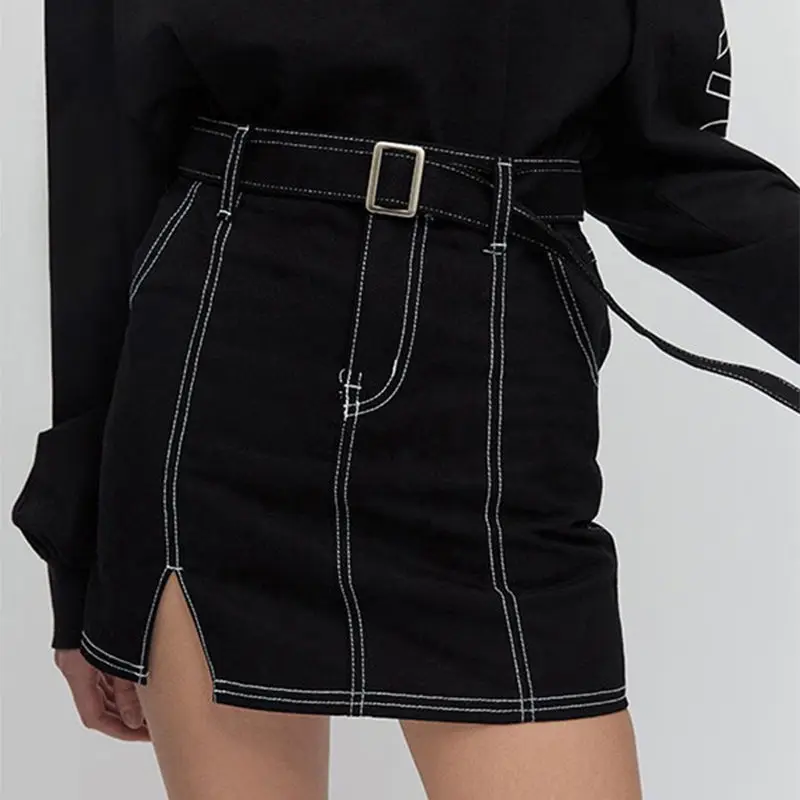 

2018 new spring summer women high waist mini jeans skirt high waist belt female black bodycon slim short denim skirt bottom