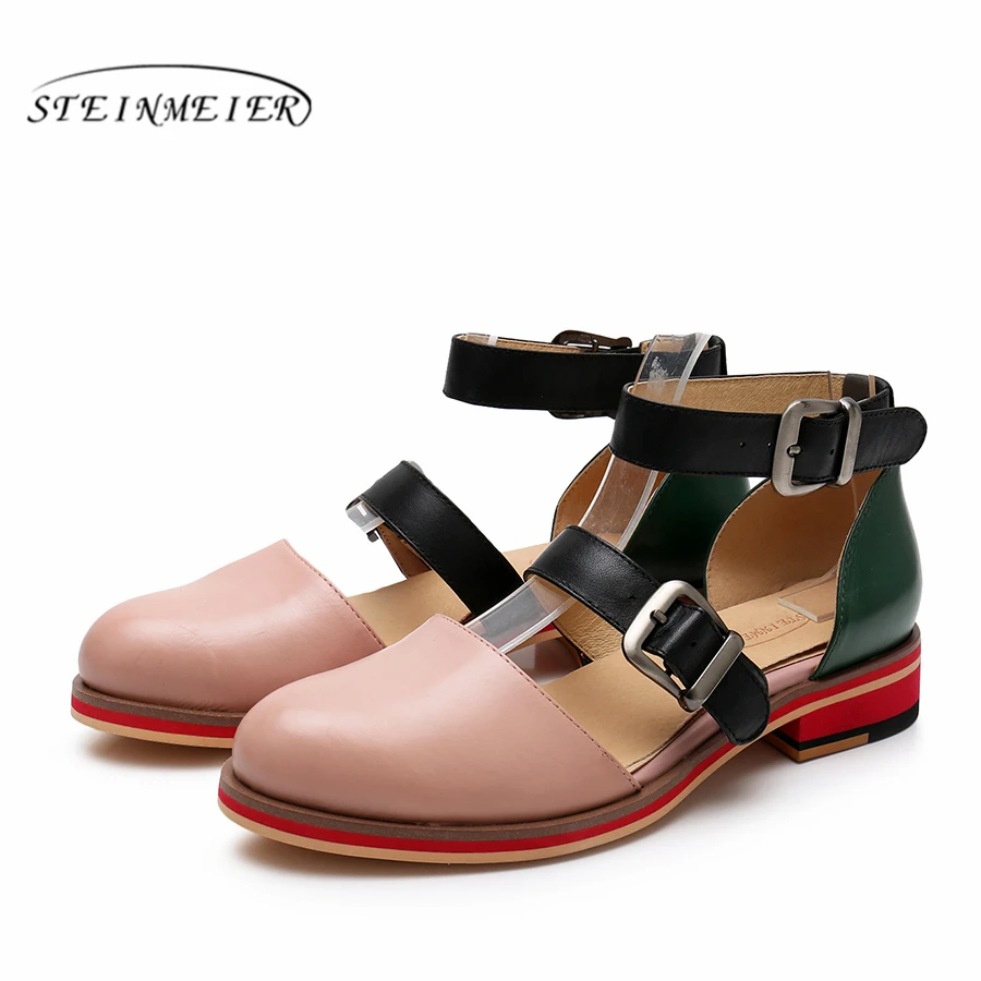 Women sandals 2019 summer yinzo ladies flat genuine leather wedges vintage platform double buckle red shoes for woman sandals