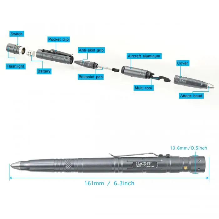 Многофункциональная тактическая ручка для выживания, военный светодиодный фонарик, стеклянный выключатель, инструмент для самозащиты, шариковые ручки, HSJ-19