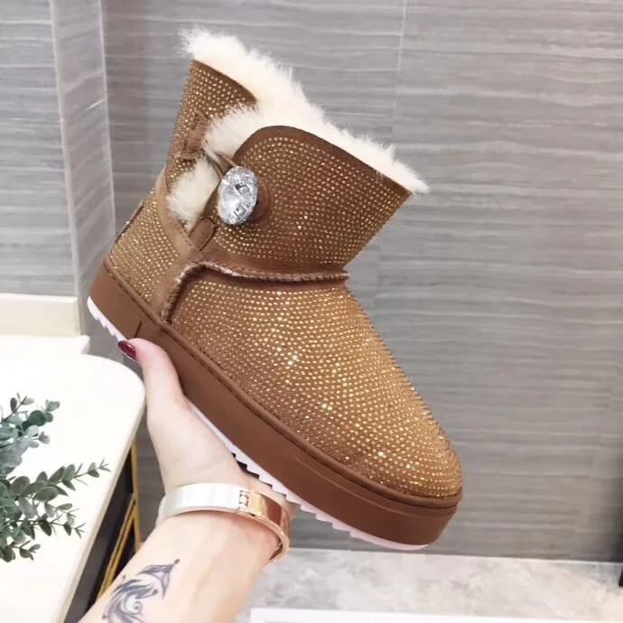 

Kmeioo Ladies Snow Boots Button Ankle Boots Bling Round Toe Flat Heels Fur Short Boots W Crystal Shoes