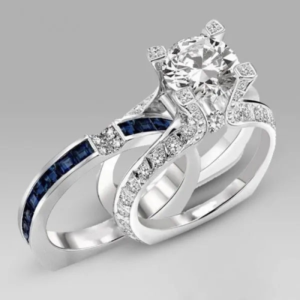 

high quality Simulated zirconia Solid Real white gold color 2-Pcs Wedding Engagement BLUE blue cz rings