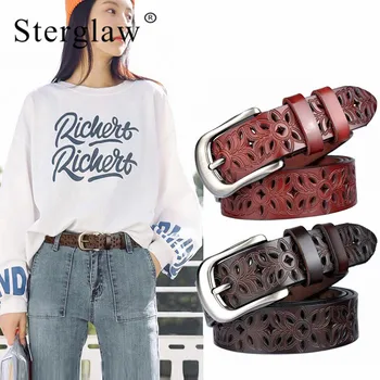 

100-115x2.8cm High Quality female Flower hollow genuine leather belt womens 2020 casual women belts for pants ceinture C226