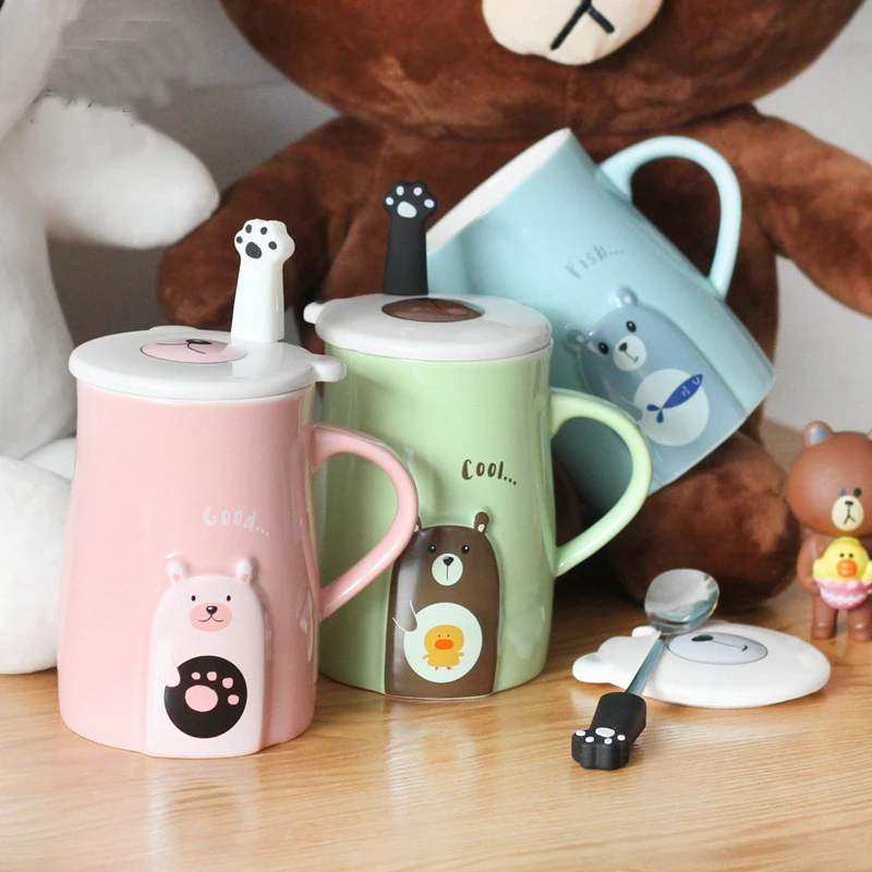 2.2Cute cartoon bear mug embossed ceramic mug with lid and spoon creative office water animal cup couple mug milk coffee cup gift