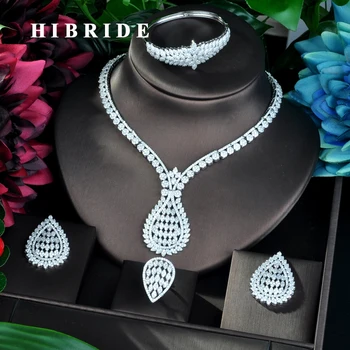 

HIBRIDE Big Pendant Fashion Women Wedding Bridal Cubic Zirconia Necklace Dubai Dress Jewelry Set N-814