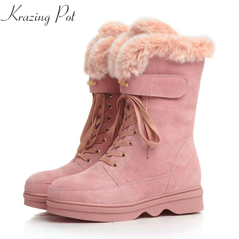 

Krazing Pot 2018 snow boots cow suede rabbit real fur round toe keep warm wool blend luxury lace up Winter mid-calf boots L31