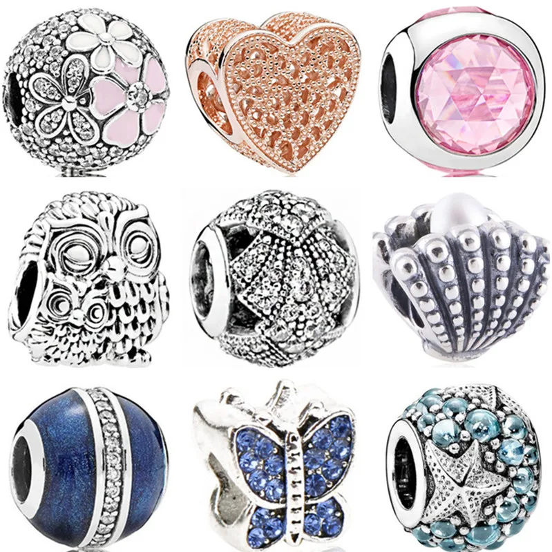 

Hollow Crystal Elf Owl Butterfly Shell Flower Love Heart Charms Beads Fit Pandora Bracelets for Women DIY Jewelry Making Bijoux