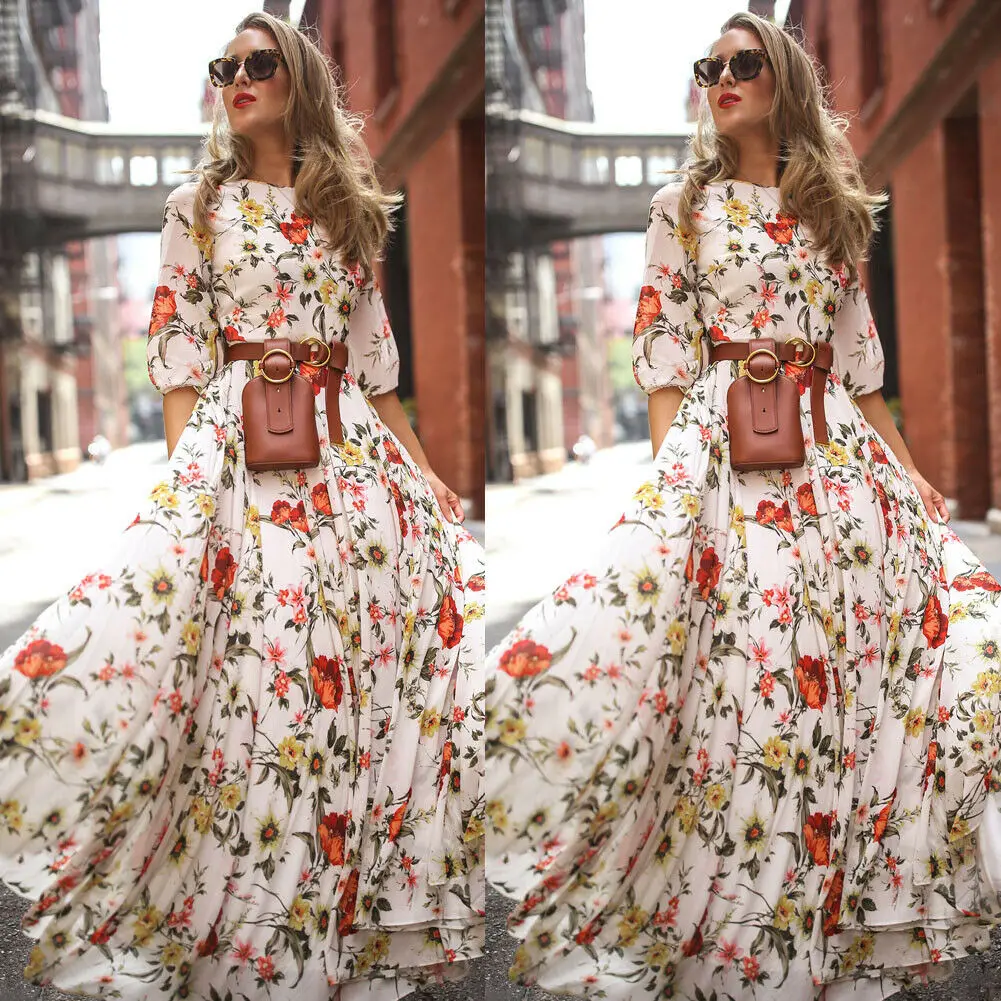 

Hot Women Boho Floral Maxi Dress Crew Neck White 3/4 Sleeve Draped High Waist Party Evening Summer Beach Csual Ladies Sundress