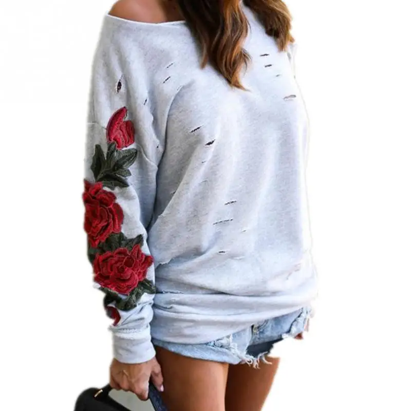 

2019 New autumn winter Fashion hole coat rose embroidery lady shirt Sweatshirt long sleeves sweatershirt #922