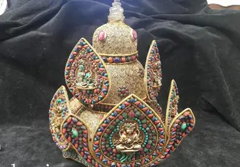 

Tibet handicraft silver gold filigree inlay Red Blue Gem Turquoise buddha hat
