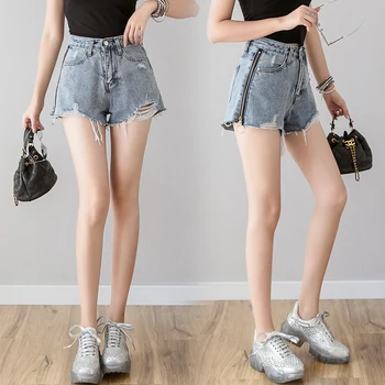 

Women Side Zipper Jeans Shorts High Waist Ripped Short Jeans Mini Denim Pants Summer Loose Boyfriend Wide Leg Jeans For Women