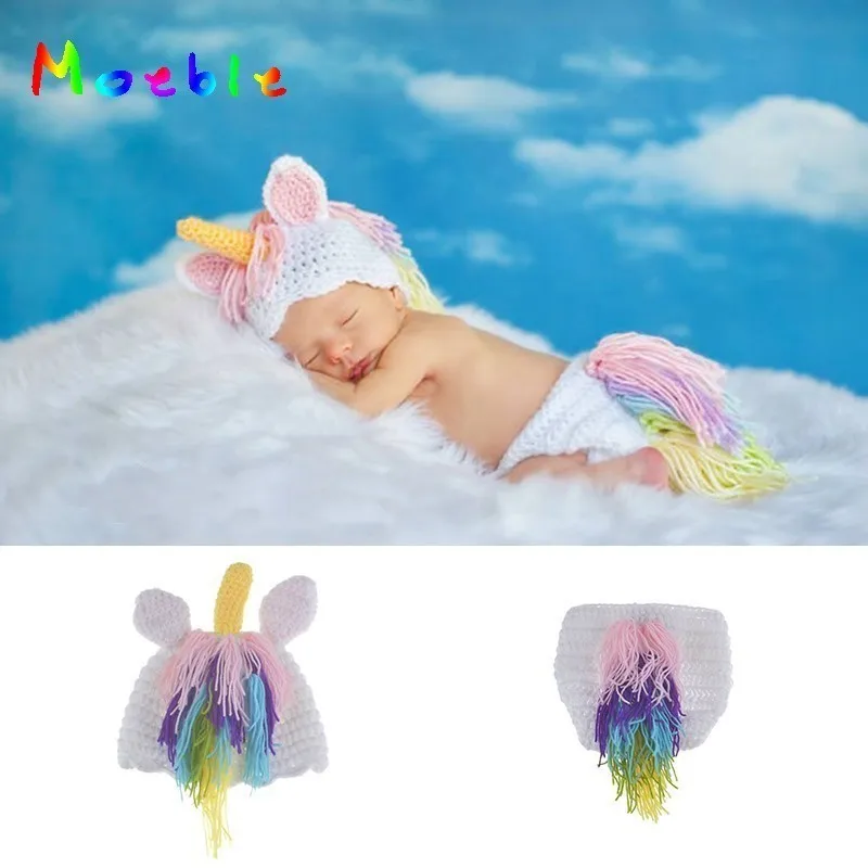 

Colorful Rainbow Unicorn Costume Newborn Photo Props Crochet Baby Hat Beanie Fancy Girls Clothes Infant Photography Props