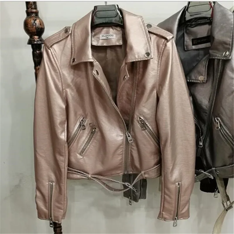 Осень, новинка, яркий цвет, короткая кожаная женская куртка, женская куртка из искусственной кожи, тонкая короткая куртка, мотоциклетная блузка - Цвет: Розовый