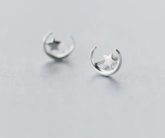 

cute Real. 925-Sterling-Silver crescent Moon star Stud Earrings tinny Jewelry GTLE1096 wholesale