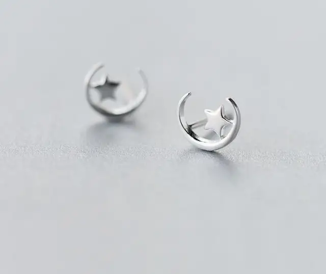 Cute Real 925 Sterling Silver Crescent Moon Star Stud Earrings 925 Sterling Silver Crescent Moon Star Stud Earrings Tinny Jewelry Gtle1096