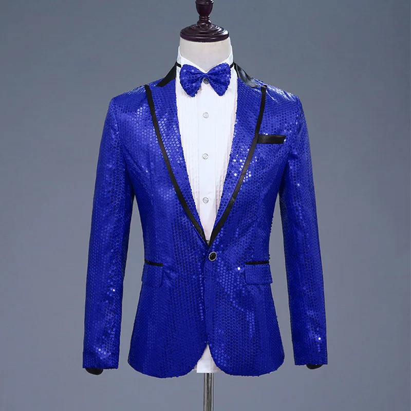 Mens Blue Sequin Blazer Jacket Men Prom 2 piece Suit Blazer