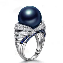 Высокое качество S925 стерлингового серебра Свадебные Кольца для женщин натуральный пресноводный синий цвета украшение с большой жемчужиной модное цирконовое кольцо