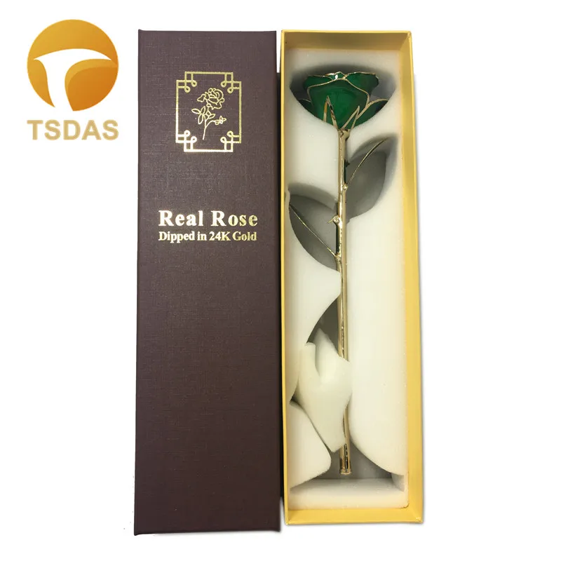 

24K Gold Plated Rose Artificial Flower For Decoration Gold Dipped Rose With Green Color Valentine's Day Decoration Gift