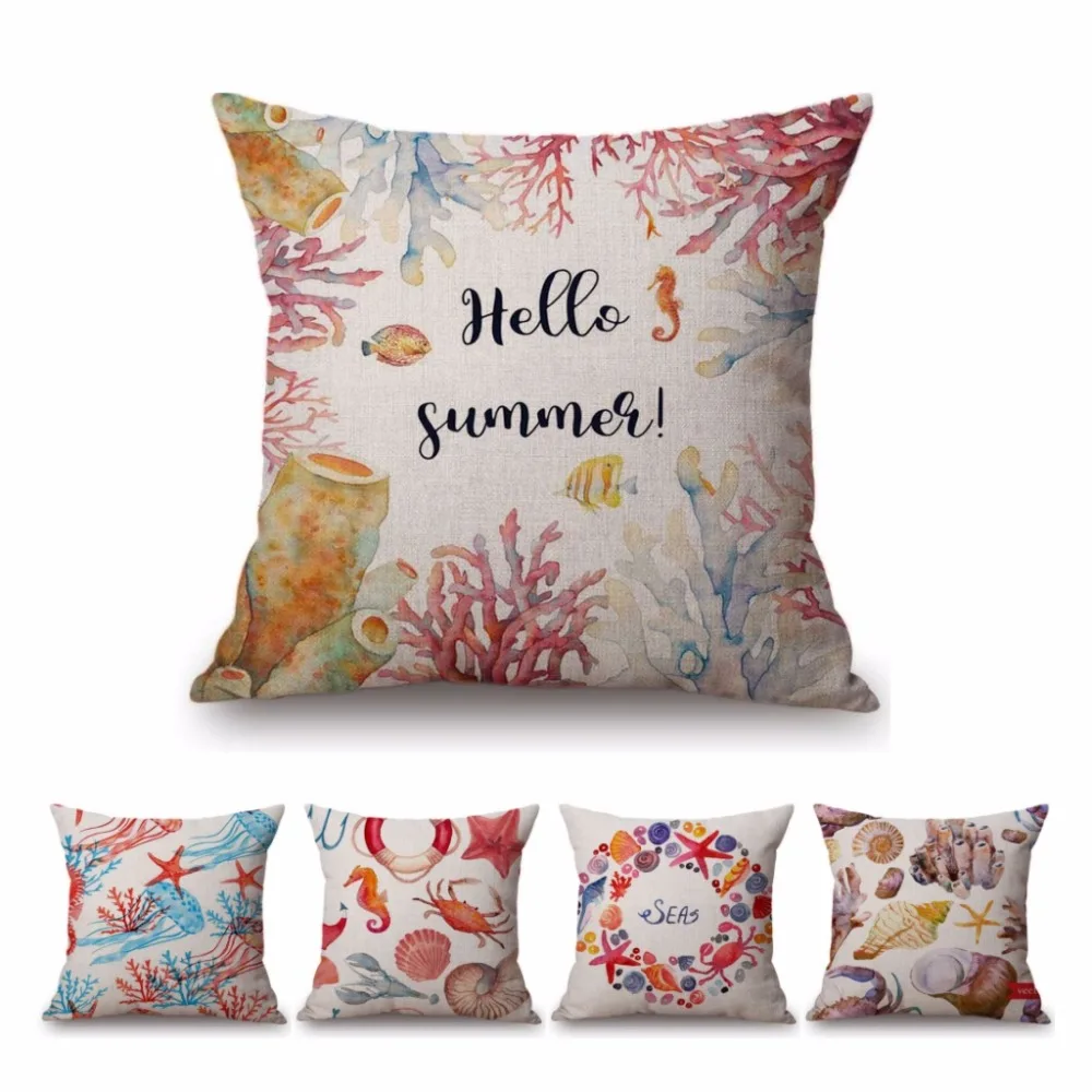 

2018 Summer Watercolor Ocean Sea Horse Salmon Starfish Coral Shell Crab Home Decorative Throw Pillow Cover Sofa Cushion Covers