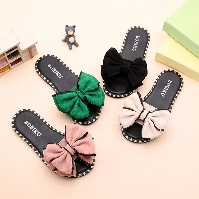 

Girls Summer Casual Sandals Soft Sole Fashion Kids Slippers Barefoot Shoes For Bowknot Candy Color Children Bath Beach Shoes