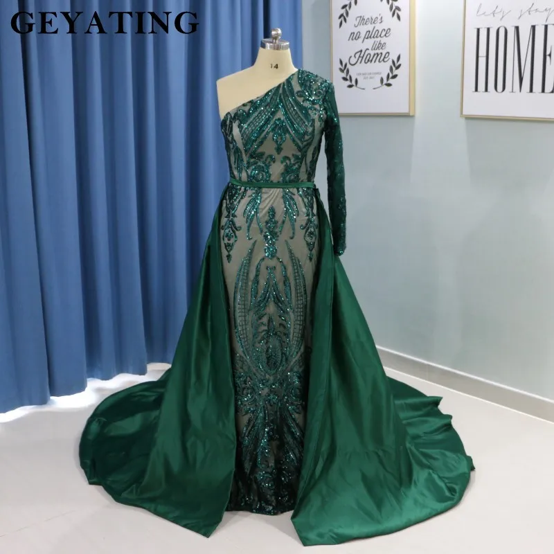 Emerald Green Mermaid Evening Dress Long Sleeve Detachable Train Muslim Prom Dresses 2019 Arabia Glitter Formal Party Gowns